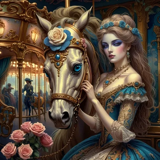 Prompt: Art Nouveau Carousel scene, (elegant woman with horse), (vibrant roses), soft pastel color scheme, (hues of gold and azure), romantic and whimsical atmosphere, detailed decorative elements, intricate designs, enchanting background featuring the (beautiful carousel), ethereal lighting, showcasing the beauty of Nuit, (ultra-detailed, 4K), dreamlike imagery blending nature and artistry.