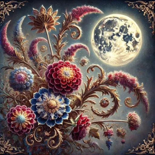 Prompt: a painting of flowers and a moon in honor of Nuit in the sky with a frame around it that says,'the moon is in the sky ', Amanda Sage, fantasy art, highly detailed digital painting, a detailed painting