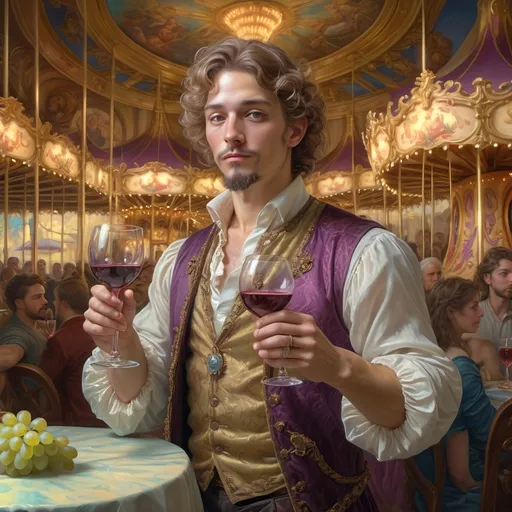 Prompt: (artstyle-renaissance) Bacchus holding a glass of wine and a candle, swirling grapes around him, a whimsical carousel in the background, (pastel colors) creating a dreamlike atmosphere, by Donato Giancola, (highly detailed) digital art, (baroque) elements enhancing depth and grandeur, (vibrant) capturing movement, (4K) ultra-detailed digital rendering, rich textures and elegant composition.