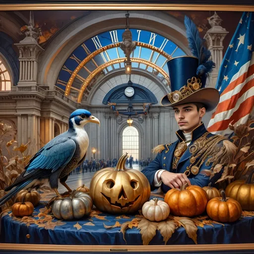 Prompt: (painting of (Honoring Nuit) with Union Station, Washington D.C.), (psychedelic style), (dark color scheme), (patriotic ambiance), Fall Equinox theme, pumpkins scattered artistically, train on tracks, large flag fluttering, ultra-detailed still life, reminiscent of museum quality, Renaissance and Baroque influences, rich textures, layered brushwork, evocative lighting, captivating composition, 4K quality.