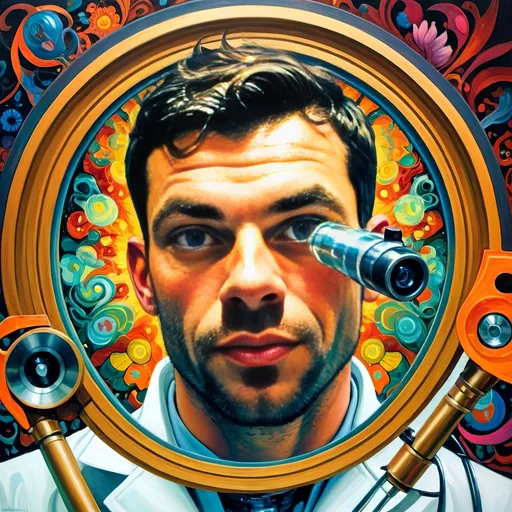 Prompt: (Art Nouveau Style Painting) a gay man in a lab coat, (holding a microscope) and a book, vibrant psychedelic colors, intricate floral patterns, dynamic curves, whimsical elements, colorful swirling designs, ambient lighting, (Aaron Jasinski inspired), poster composition, (highly detailed), captivating visual, artistic atmosphere, imaginative and unconventional, enhancements in depth and symmetry, a harmonious blend of science and art.