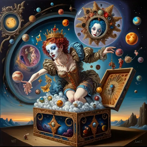 Prompt: (oil painting) a stunning masterpiece, (Renaissance), surreal depiction of the Goddess Nuit represented by a Jack-in-the-Box, intricately dressed, emerging from a beautifully designed box, (cosmic themes) sewing the seeds of the universe, embellishing the scene with vibrant planets and celestial bodies, breathtaking colors, whimsical atmosphere, elaborate details, ultra-detailed, 4K quality.