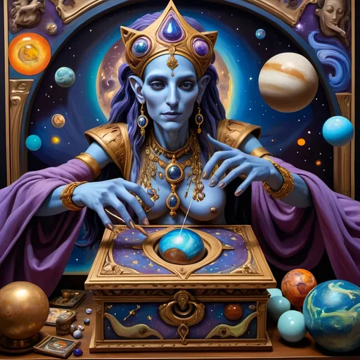 Prompt: (Renaissance oil painting), a stunning masterpiece capturing the essence of the Goddess Nuit, a whimsical Jack-in-the-Box emerging in ornate attire, sewing the seeds of the universe, planets swirling around, vibrant cosmic colors illuminating the canvas, intricate details, rich textures, playful yet profound ambiance, 4K ultra-detailed, an extraordinary blend of mythology and creativity celebrating the act of creation in a mystical setting.