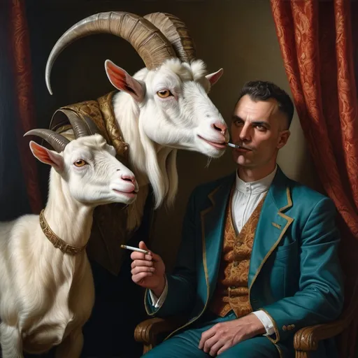 Prompt: (central content: painting of a man with a goat's head), (cigarette in mouth), (another goat's head on his side), (Dino Valls style), (neoclassicism), (extremely detailed), (oil painting), (vibrant colors), (dramatic lighting), (atmospheric depth), (photorealistic quality), (emotionally striking composition), (highly nuanced textures), (4K resolution).