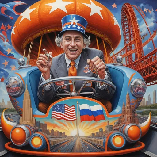 Prompt: (accurately spelled text "Yankee Doodler"), (psychedelic style), (vibrant color scheme), detailed painting, a Russian holding a Florida Orange symbolizing Republican endorsement of Russian authority and control over the U.S., in a thrilling roller coaster car, American flag dramatically waving, intricate Washington D.C. skyline in the background, surreal elements, dynamic perspective, bursting colors, high depth cinematic masterpiece.