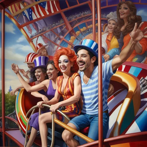 Prompt: (A Seven Wonders Art Glass Studio oil masterpiece) Art Deco style, vibrant color scheme, a lively group of drag queens in extravagant clothing, ascending a fantastical roller coaster in Liberty Park, joyful expressions, others on a colorful Ferris wheel, overlooking local attractions, honoring Nuit, dynamic composition, rich details, luxurious textures, atmospheric vibrant lighting, ultra-detailed, celebratory ambiance.