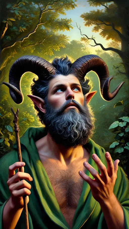 Prompt: Renaissance oil painting, (ultra-detailed), (character portrait) of a Magician transforming into a Satyr in lush Arcadia, surrounded by lush greenery, delicate flowers, gentle sunlight filtering through trees. The man with impressive horns and an ornate orb on his wand, a majestic bird perched on his shoulder, evoking magic and honor. Capturing the essence of Pan and Nuit in a vivid, enchanting atmosphere. High-quality craftsmanship from Seven Wonders Art Glass Studio.