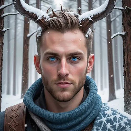 Prompt: a man with horns and blue eyes in a snowy forest with fir trees and snowflakes on his face, Evan Charlton, fantasy art, epic fantasy character art, a character portrait