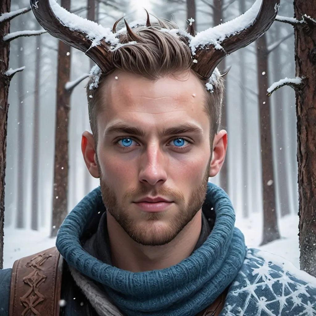 Prompt: a man with horns and blue eyes in a snowy forest with fir trees and snowflakes on his face, Evan Charlton, fantasy art, epic fantasy character art, a character portrait