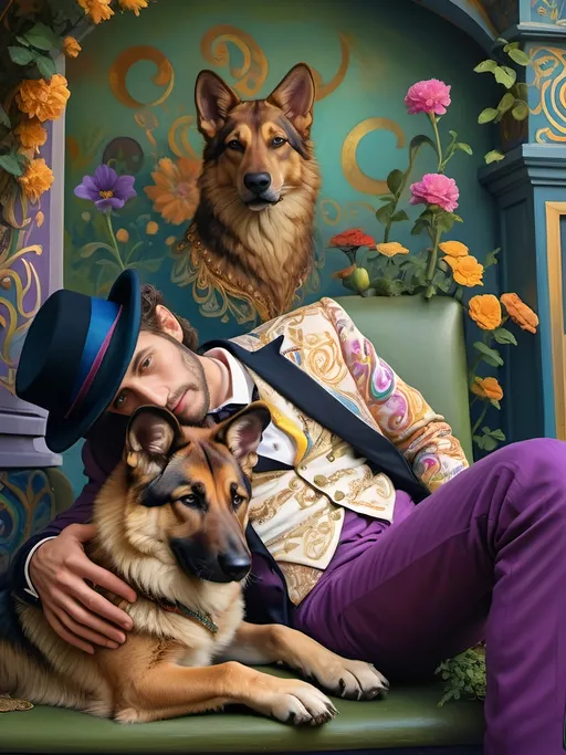 Prompt: A Seven Wonders Art Glass Studio Magician in top hat and tux sitting on magical front porch with his Long Coat German Shepherd’s head in his lap.  Honoring Nuit and the Trinity.  Modern renaissance with a vibrant psychedelic flair.