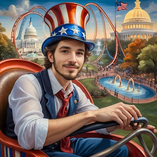 Prompt: (A Seven Wonders Art Glass Studio masterpiece) painting of a man wearing a patriotic hat, (thrilling pose) riding the Freedom rollercoaster, (vibrant colors), scenic background of Freedom Park in D.C., (dynamic movement), celebrating freedom, eternal spark of joy, whimsical ambiance, soft warm lighting, highly detailed, clarity, engaging and joyful atmosphere, surrounded by delighted visitors, landmarks in the distance.