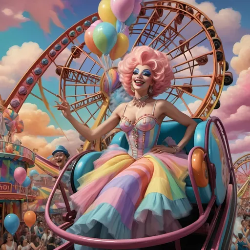 Prompt: (honoring nuit), a mesmerizing painting of colorful drag queens exuding joy and fabulousness while riding a roller coaster, vibrant (rainbow) painted on the side, a whimsical ferris wheel creating a festive atmosphere in the background, whimsical cotton candy clouds, (dynamic movement), warm pastel colors enhancing the lively scene, ultra-detailed, high-quality artwork capturing a celebratory ambiance.