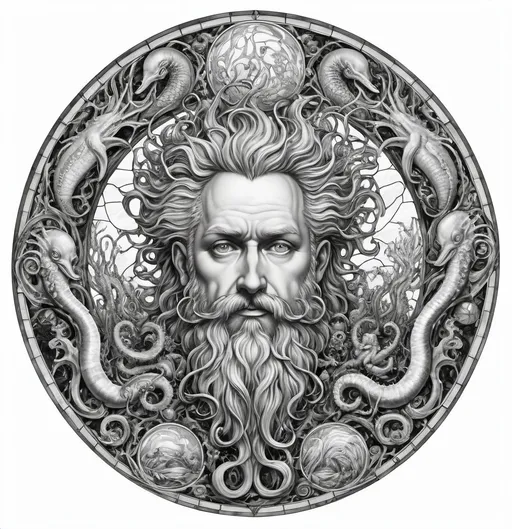 Prompt: A Seven Wonders Art Glass Studio stained glass window drawing (Honoring Nuit) of the mystical god Neptune of a man with a beard and a beard with tentacles on it, surrounded by other sea creatures animals, Ed Binkley, abstract illusionism, aaron horkey, a drawing