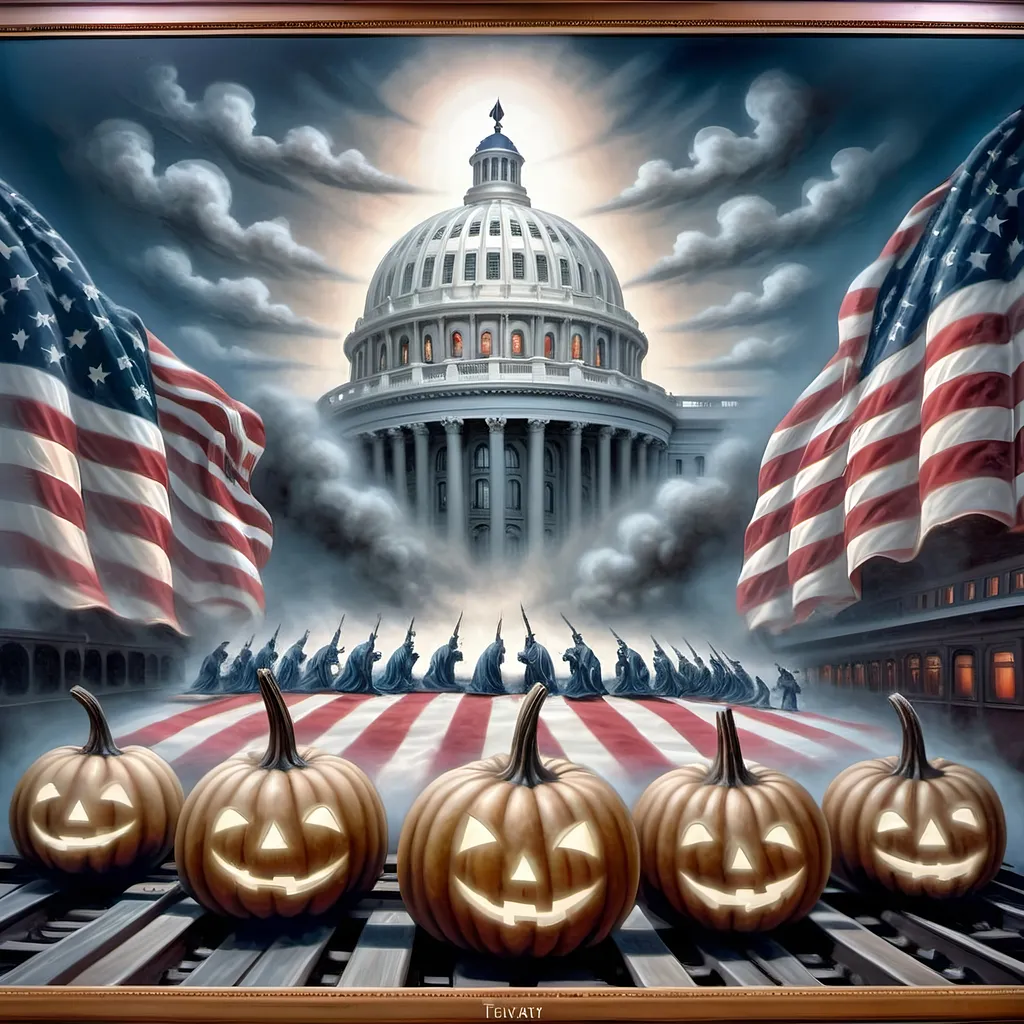 Prompt: (Honoring Nuit), (Union Station, Washington D.C), patriotic Fall Equinox, dark color scheme, psychedelic artstyle, still life composition, pumpkins, a train on the tracks, American flag prominently displayed, rich textures, deep hues of crimson and navy, dramatic lighting, reminiscent of Renaissance and Baroque works, museum quality, ultra-detailed, captivating ambiance of patriotism and nostalgia, exquisite oil on canvas painting.