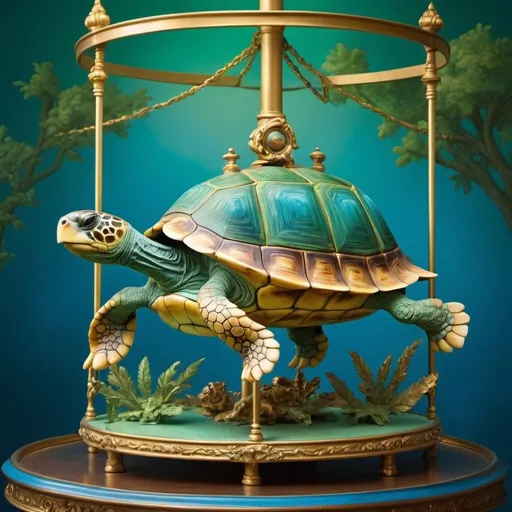 Prompt: (turtle on a carousel), (surrealist sculpture), (vivid blue background), (lush green backdrop), (elegantly designed gold frame), (inspired by Chris LaBrooy), (pop surrealism style), (surreal photography aesthetic), (dreamlike atmosphere), (colorful and whimsical), (high-quality detail), (ultra-detailed), (striking lighting).