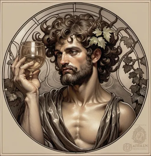 Prompt: A Seven Wonders Art Glass Studio (SWAGS) Stained Glass Pattern honoring Nuit.  A line drawing of Bacchus for coloring and cutting dye templates.  Grapes and wine glass in hand.  Art Nouveau period copper foil technique.  detailed illustration, a character portrait