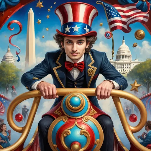 Prompt: (Acrylic painting of a magician man), wearing a (patriotic top hat), joyfully riding a (whimsical rollercoaster) in Liberty Park, with (HD details), vibrant colors, and enchanting motifs. The scene features the (Washington Monument) in the background, as well as the phrase (accurately spelled text "Yankee Doodle"). An aura of celebration and magic surrounds the image, honoring Nuit and the Aeon of Horus.