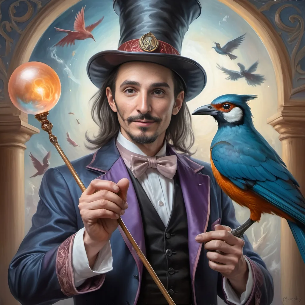 Prompt: A (captivating) oil painting depicting a (mysterious magician) with a (horned head), a (bird perched gracefully on his shoulder), holding a (beautifully crafted cane) and an (orb in his hand), beautifully capturing themes of (fantasy) and (transformation). Character portrait-style, influenced by (Clint Cearley's) signature artistry, with ethereal hues and (vivid detailing) honoring the legendary figures of (Pan and Nuit), set against a dreamy, (surreal background) that evokes wonder.