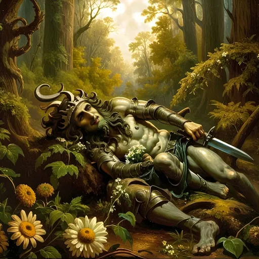 Prompt: Renaissance painting of a (knight laying on the ground), gripping a (sword in hand), surrounded by (daisies in the foreground), characterized by (misc-macabre style), (dark color scheme), inspired by (Anne Stokes), (fantasy art), (storybook illustration), moody ambiance, vibrant detailed textures, (ultra-detailed), dramatic shadows, rich depth, a hauntingly beautiful scene.