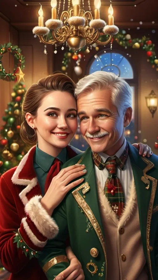 Prompt: (furry art) a joyful couple standing together, elaborate chandelier glittering above, beautifully decorated Christmas tree with twinkling lights, warm and inviting ambiance, (digital rendering), high-quality, ultra-detailed, vibrant colors, festive atmosphere, cheerful expressions, embracing the holiday spirit, creating a cozy scene perfect for the festive season, Ernest William Christmas-inspired.