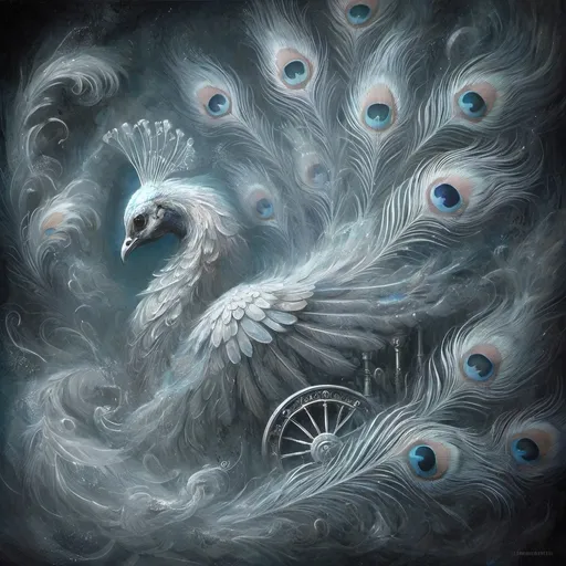 Prompt: a painting of a peacock with blue eyes and feathers on it's back, with a wheel in the foreground, Daniel Merriam, fantasy art, dark fantasy art, a detailed painting