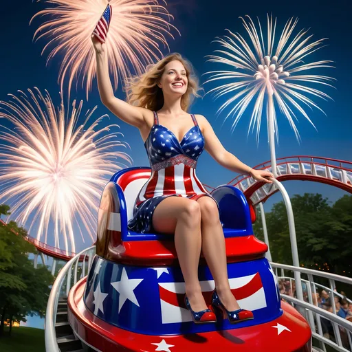 Prompt: a 7 Wonders Art Glass Studio of a woman in patriotic dress riding the rollercoaster Liberty Park, located in Washington D.C, Northern Virginia, and Maryland local attractions, with U.S.Flag themes and float in the background and fireworks in the sky, 4th of July in Liberty Park.  honoring the goddess Nuit.