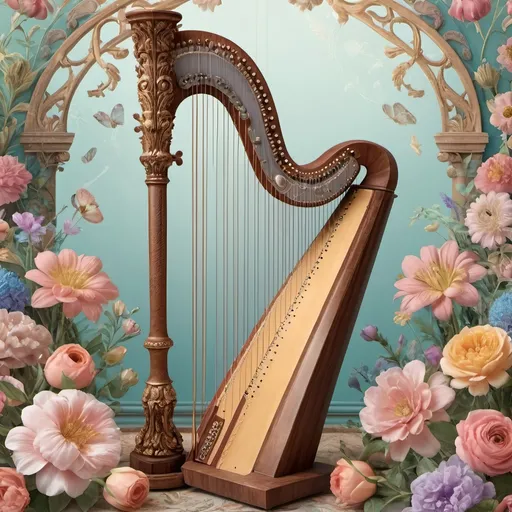 Prompt: (artstyle-renaissance poster), beautifully detailed harp, surrounded by vibrant pastel flowers, various musical instruments elegantly arranged around, intricate patterns inspired by (neoclassicism) and (Flemish Baroque), soft and dreamlike illumination, inspired by Ernst Haeckel, harmonious color palette, 4K ultra-detailed aesthetics, evoking a musically rich and artistic ambiance, rich textures that enhance depth and elegance, capturing the essence of classical artistry.