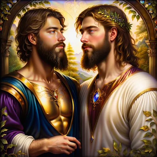 Prompt: (Seven Wonders Art Glass Studio) commissioned portrait, (oil on canvas), Renaissance Era painting, two male husbands celebrating wedding anniversary, bearded and chest-haired, honoring Nuit, mystical and esoteric scenery, atmospheric with soft, warm hues, golden light filtering through trees, intricate details, lush background resembling Pan's Arcadia, nostalgic and enchanting vibe, high quality, (ultra-detailed).