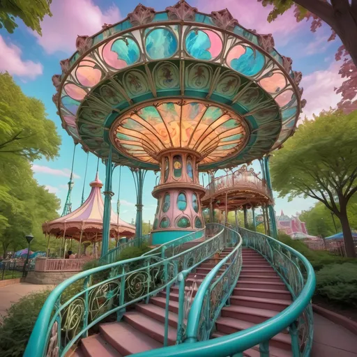 Prompt: (Art Nouveau style), (pastel color scheme), magical mysterious enchanting amusement park titled “Liberty Park” in D.C., whimsical atmosphere, intricate fine details, vibrant rides themed around Americana, stunning stained glass roller coaster, enchanting magician as rider, ethereal lighting, lush greenery, beautifully crafted structures, dreamy and inviting ambiance, 4K, ultra-detailed.