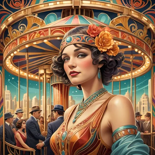 Prompt: (Artwork) Carousel of Humanity, (Art Deco style), vibrant color scheme, intricate designs reminiscent of the 1920s, elegance embodied, swirling shapes and radiant hues, infusing warmth and joy, strong emotional resonance, depicting human compassion, intricate details that evoke a sense of kindness and empathy, (highly detailed), mesmerizing background featuring stylized architectural elements, dynamic composition.