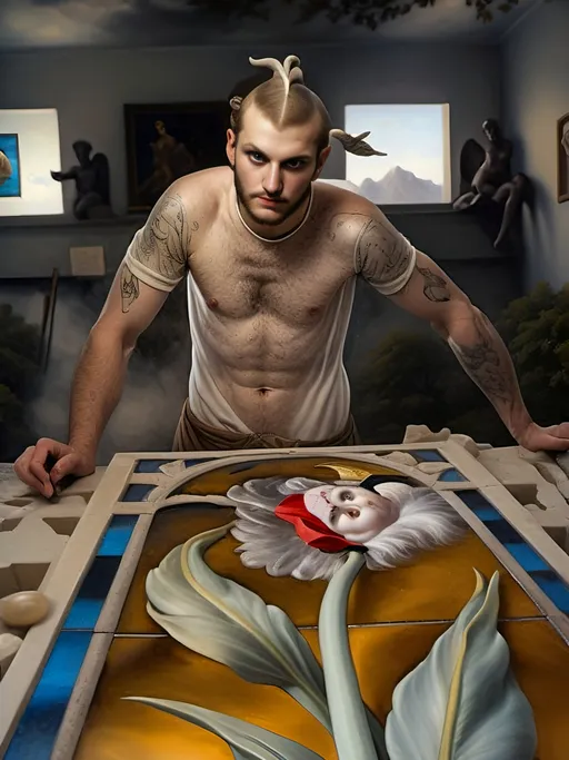 Prompt: A Seven Wonders Art Glass Studio Magician working on a stained glass window of Art Deco Tulip.  a Magician with a tattoo on his arm, a character portrait honoring Nuit and Aeon of Horus