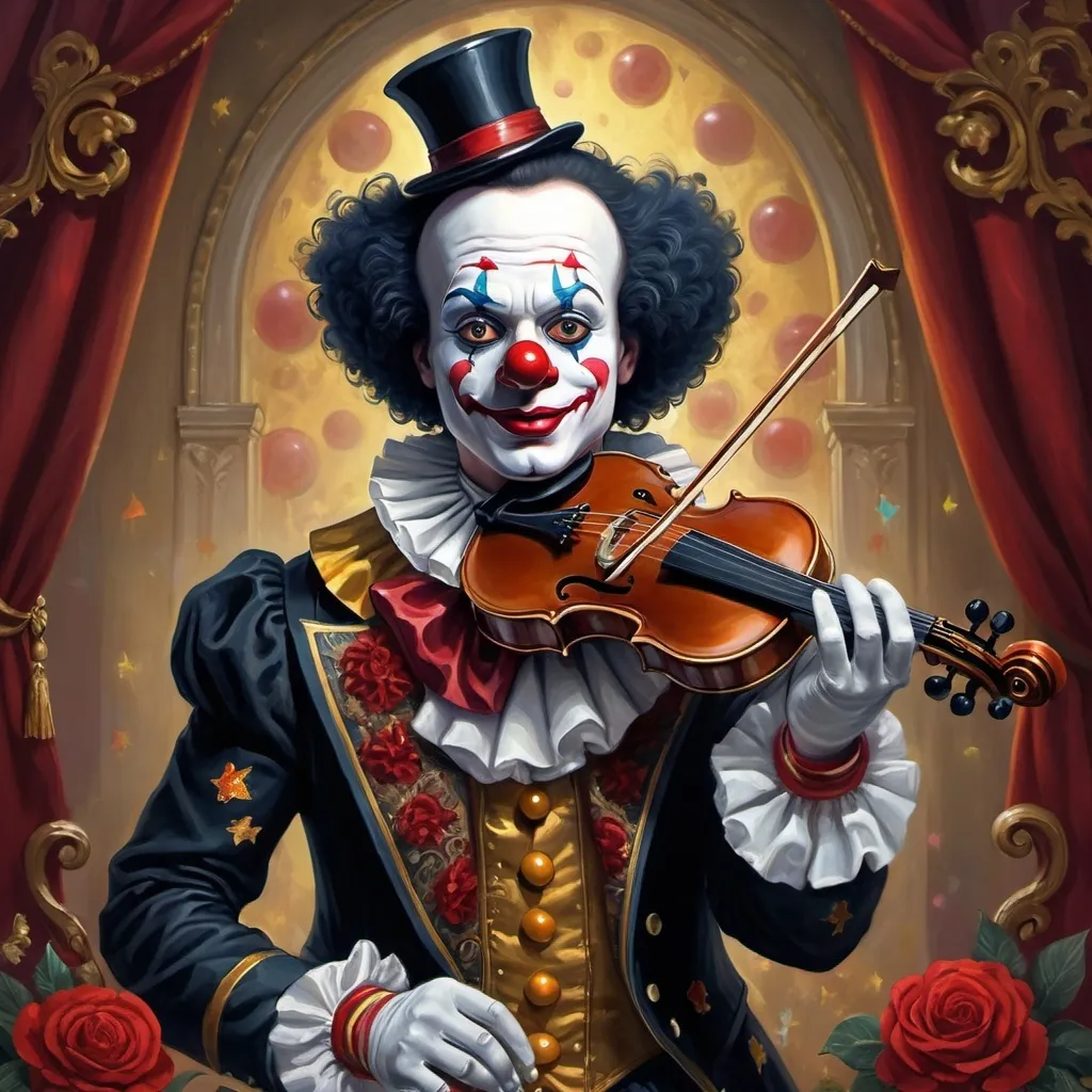 Prompt: a painting of a dark headed male clown with a gold violin and a ball in front of him, with a red clown's face painted on it, magical ambiance, friendly, highly detailed digital painting, an ultrafine detailed painting.  Add Renaissance background.  Adorn with mystic florals.  Add sun influences.  Add influences of the God Nuit in the following manner.  