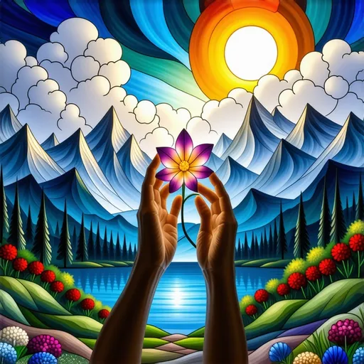 Prompt: (Seven Wonders Art Glass Studio) stained glass window, painting of a (serene mountain landscape), (hands reaching for a vibrant flower) in the foreground, (a dreamy sky filled with fluffy clouds) in the background, (Amanda Sage style), (psychedelic art), (gouache detailed paintings), (oil on canvas), honoring Nuit, with rich, (vibrant colors), soft pastels, dramatic lighting, and (ultra-detailed) background elements, creating a (luminous) atmosphere.