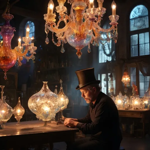 Prompt: (Glass Artisan and Magician), wearing a magical top hat, (constructing magical lights in a stunning chandelier), intricate baroque details, vibrant color scheme, enchanting atmosphere, (workshop setting), immersed in artistry, Murano glass studio in Venice, shimmering glass reflections, dramatic shadows, warm and cool tones, high detail, 4K quality, (capturing the essence of magic and craftsmanship)