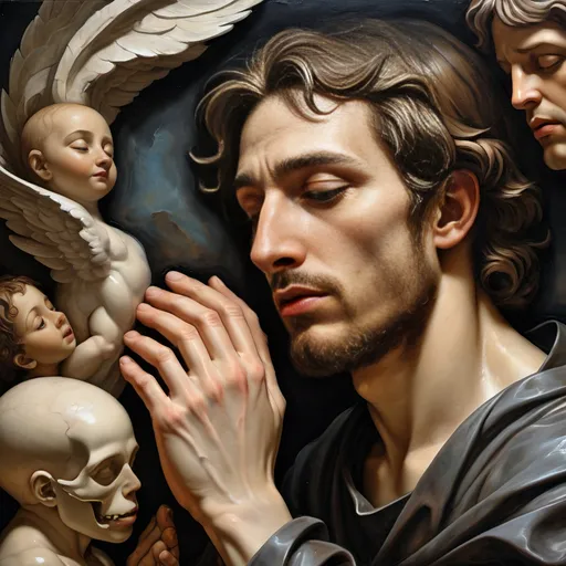 Prompt: Renaissance oil mural, (dark color scheme), close-up still life of Adam with (face cracking like broken porcelain), ethereal atmosphere, (God) depicted above, transitioning moments of (Adam saying goodbye), spirits escape into the void, intricate textures, dramatic chiaroscuro highlights, capturing profound emotion, striking contrast, atmospheric depth, ultra-detailed, masterpiece quality, conveys a sense of liberation and sorrow.