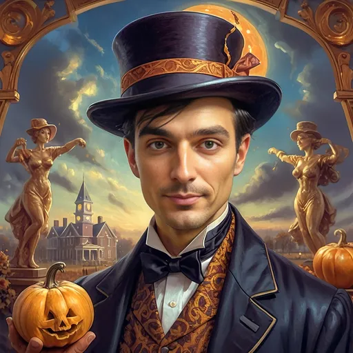 Prompt: art deco style portrait of a (man in a top hat) holding a (pumpkin), (still life) honoring Nuit, (magician), (intense magic) for all hallows eve, (vibrant color scheme), (sky background with clouds), digital painting by (Alejandro Burdisio), (gothic art), (highly detailed), character portrait, (dynamic and whimsical ambiance), (ultra-detailed), (4K).