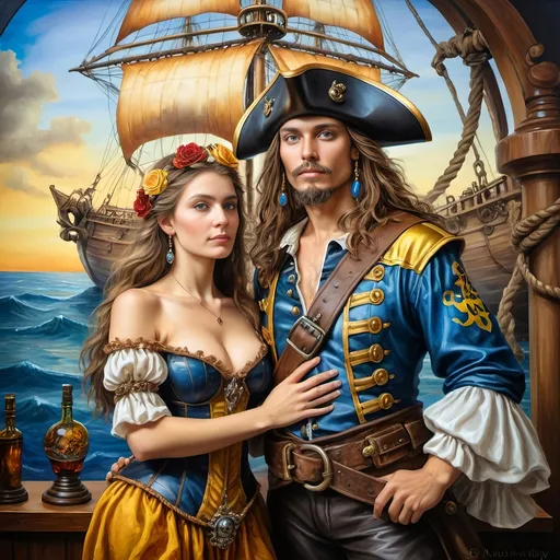 Prompt: (7 Wonders Art Glass Studio) Renaissance (oil painting) masterpiece, capturing the essence of honor and adventure, featuring a detailed portrayal of a pirate man and his lover dressed in Conquistador-era pirate costumes, gracefully posed in front of a majestic ship adorned with a skull, vibrant colors, dramatic lighting, highly detailed, fantastical elements, inspired by David Macaulay, showcasing the rich textures of oil paint, true artistry.