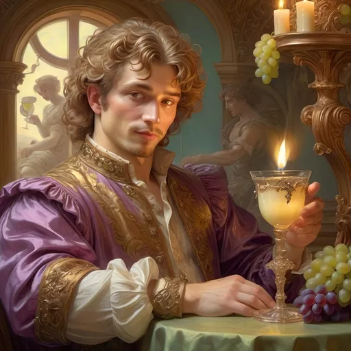 Prompt: (Bacchus holding a glass of wine and a candle), renaissance art style, pastel color scheme, (highly detailed digital art), (Donato Giancola-inspired), baroque influences, vibrant grapes, whimsical carousel background, ethereal lighting, enchanting ambiance, (ultra-detailed), cinematic depth, masterful brush strokes, digital rendering that invokes classic charm, a celebration of indulgence and joy.