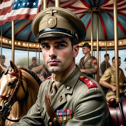 Prompt: A Seven Wonders Art Glass Studio oil renaissance painting of a man in military uniform riding on Carousel of Heroes.  Honors veterans and those serving in U.S. Military.  Honoring Nuit.  