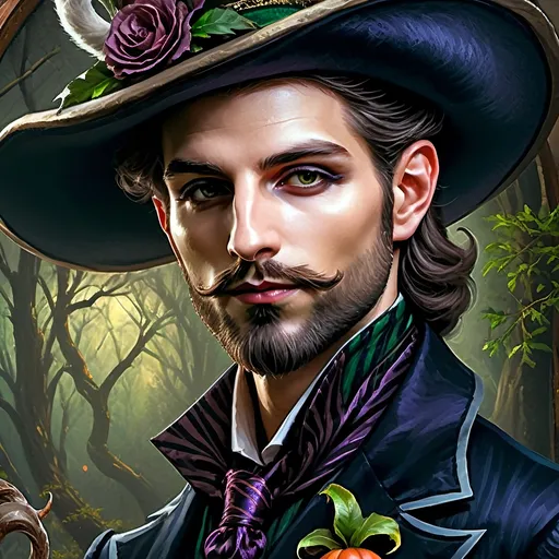 Prompt: (honoring Nuit), captivating handsome man magician with an elegant beard, wearing a pointed witch hat, (renaissance baroque painting style), facial features highlighted in detail, dark mystical background that enhances the allure, rich deep colors creating dramatic contrast, elements of Halloween celebration subtly interwoven, inviting an atmosphere of enchantment and mystery, ultra-detailed, a captivating masterpiece.