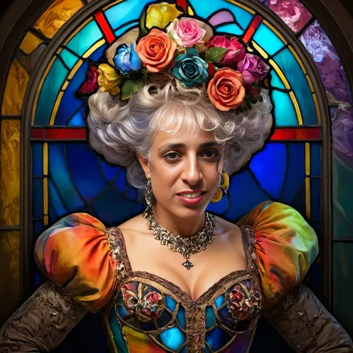 Prompt: (character portrait), (woman in a vibrant colorful dress), (flowers in her hair), intricately designed stained glass window backdrop, inspired by David LaChapelle’s style, rococo elements, richly detailed colors, dramatic light play, ultra-detailed, high resolution, evocative and artistic ambiance, visually captivating composition, promoting beauty and elegance.