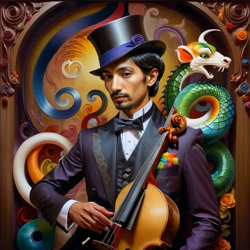 Prompt: (art deco painting), (exciting misc-macabre), intricate depiction of a magician asian with a striking expression, (dark, ornate dragon) resting on his shoulder, (vibrant color scheme), heavy porcelain and stained glass accents, dramatic lighting highlighting the details, enchanting and mysterious atmosphere, showcasing rich textures and ornate designs, ultra-detailed, captivating visual storytelling hand-painted masterpiece.