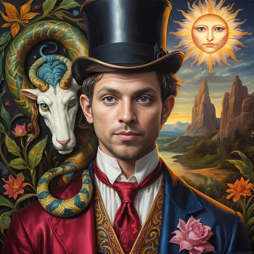 Prompt: (Renaissance portrait masterpiece), a whimsical (@magician) satyr, surrounded by mystique serpent transformation elements, honoring (@Horus) and (@Nuit). Vivid glass art techniques, intricate details, baroque elements, serene Arcadian landscape in the background, rich vibrant colors, warm golden tones, dramatic lighting, ethereal atmosphere that reflects a fusion of mythology and artistry, ultra-detailed HD quality.