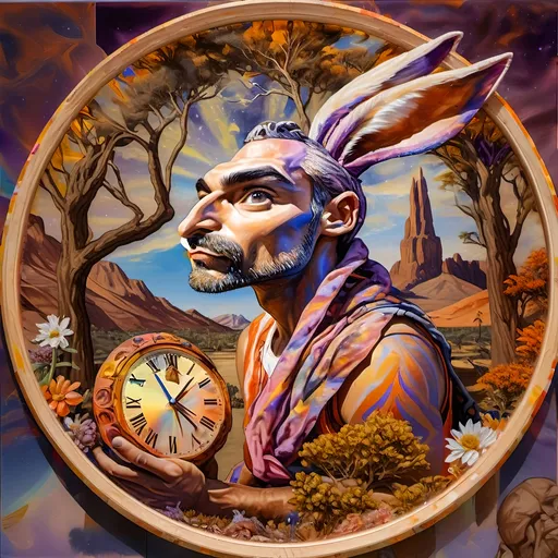 Prompt: A Seven Wonders Art Glass Studio Renaissance portrait of a magical rabbit in Arcadia, a wonderland honoring Nuit.  Magical with a clock in its lapel is shown in  art, whimsical, a fine art painting