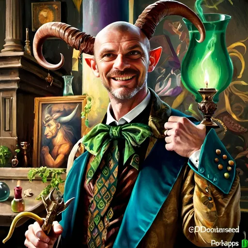 Prompt: Saturated (Renaissance style art) still life portrait, a (vibrant) satyr man magician with pronounced horns and a distinctive green tie, richly detailed features, and magical accessories. Surrounded by alluring objects that hint at mystery, a lush and enchanting background that enhances the character's qualities, showcasing enticing color depth, exceptional lighting, and HD quality.