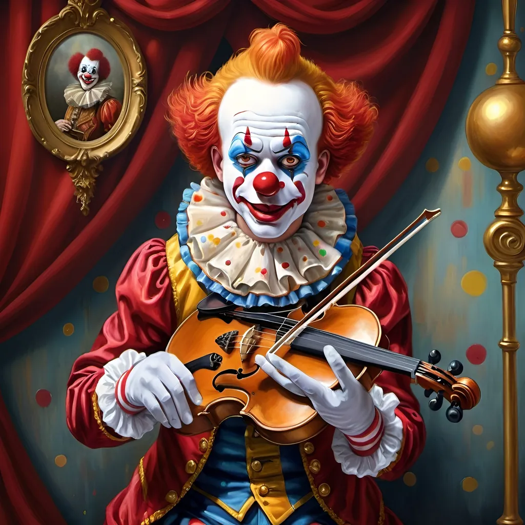 Prompt: a painting of a clown with a gold violin and a ball in front of him, with a red clown's face painted on it, magical ambiance, friendly, highly detailed digital painting, an ultrafine detailed painting.  Add Renaissance background.