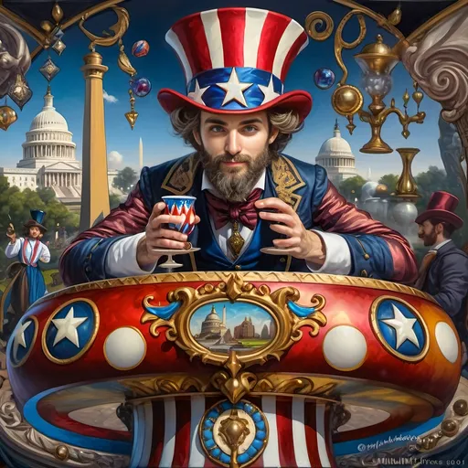 Prompt: A (masterful) Seven Wonders Art Glass Studio painting, depicting a (charming) magician man in a (patriotic) top hat, joyfully riding a rollercoaster in Liberty Park, featuring vibrant colors and whimsical elements, with a prominent Washington Monument in the background, intricately integrated with the phrase (accurately spelled text "Yankee Doodle"), all while encapsulating the theme of (honoring Nuit and the Aeon of Horus), ultra-detailed, colorful and dynamic atmosphere.