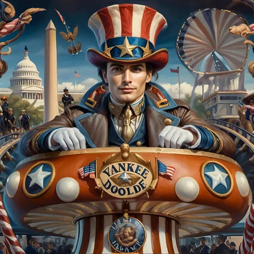 Prompt: (Acrylic painting of a magician man), wearing a (patriotic top hat), joyfully riding a (whimsical rollercoaster) in Liberty Park, with (HD details), vibrant colors, and enchanting motifs. The scene features the (Washington Monument) in the background, as well as the phrase (accurately spelled text "Yankee Doodle"). An aura of celebration and magic surrounds the image, honoring Nuit and the Aeon of Horus.