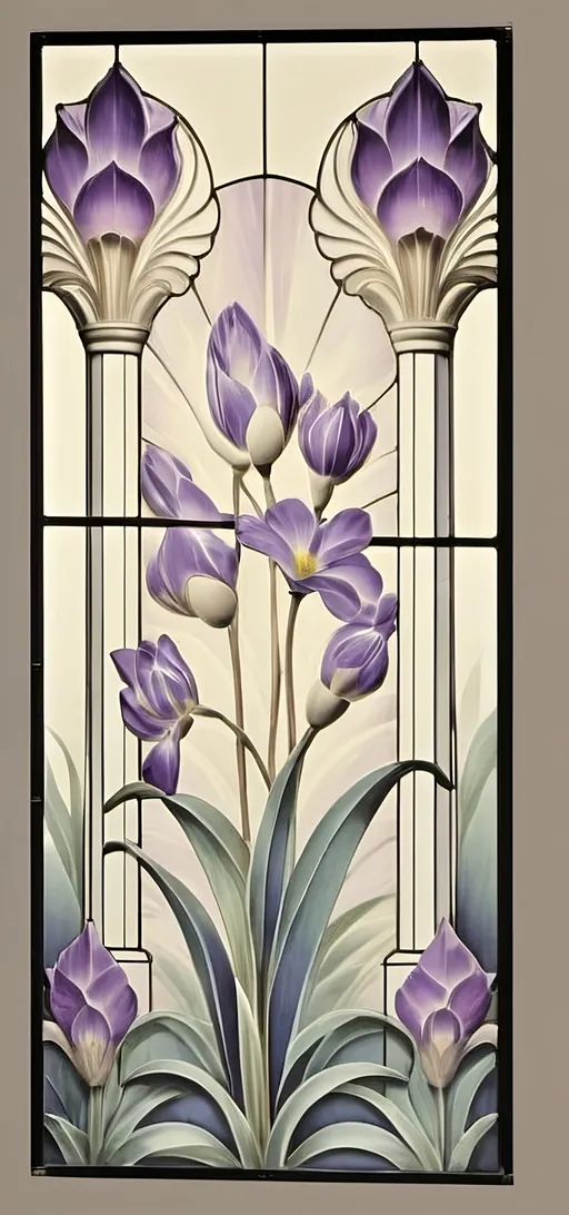 Prompt: Art Deco stained glass window design, (stunning floral patterns), honoring Nuit and Aeon of Horus, vibrant colors blending into delicate imagery, intricate details in glass texture, inspired by the elegance of Art Deco style, (highly detailed), warm ambient light filtering through glass, showcasing the beauty of craftsmanship, 4K quality, perfect for a serene art studio atmosphere.