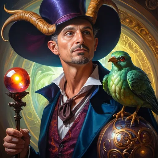 Prompt: (A fine art oil painting) by Seven Wonders Art Glass Studio, (magician man) with a (horned head), (bird on his shoulder), holding a cane and a glowing ball, inspired by Clint Cearley, (fantasy art), rich colors, intricate details, dramatic lighting, mystical atmosphere, character portrait emphasizing the essence of Pan and Nuit, ultra-detailed, vibrant background reflecting magical elements, imaginative and enchanting setting.